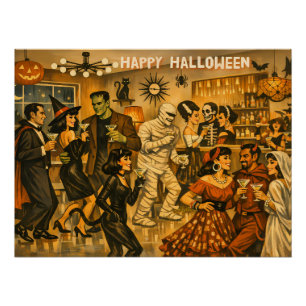 Mid Century Retro 50s Halloween Martini Party Poster
