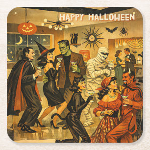 Mid Century Retro 50s Halloween Martini Party Square Paper Coaster