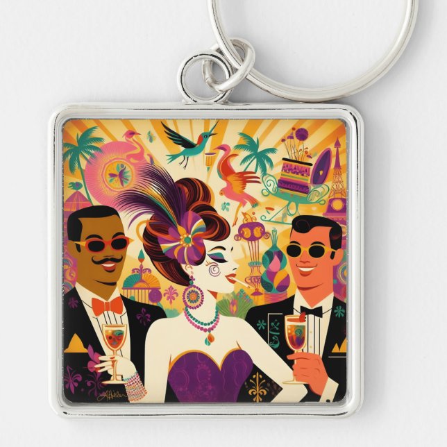 Mid Century Retro 60s Mardi Gras Cocktail Party Keychain (Front)