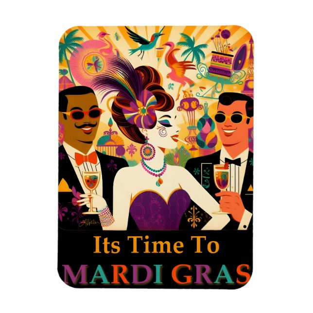 Mid Century Retro 60s Mardi Gras Cocktail Party Magnet (Vertical)