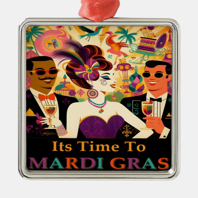 Mid Century Retro 60s Mardi Gras Cocktail Party Metal Ornament (Front)