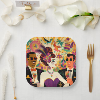 Mid Century Retro 60s Mardi Gras Cocktail Party Paper Plates