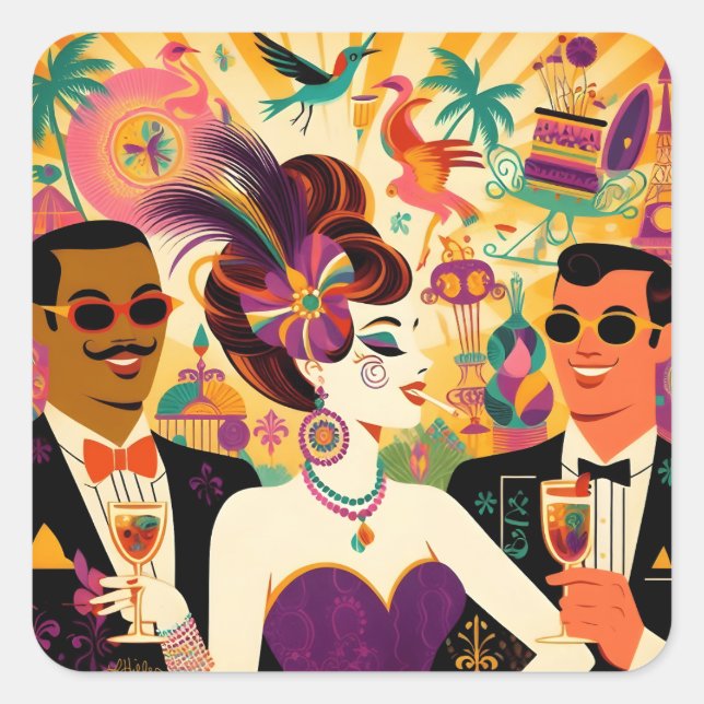 Mid Century Retro 60s Mardi Gras Cocktail Party Square Sticker (Front)