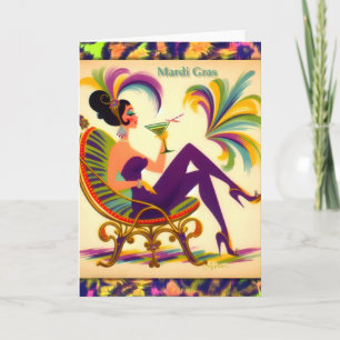 Mid Century Retro 60s Mardi Gras Martini Woman Letterpress Thank You Card