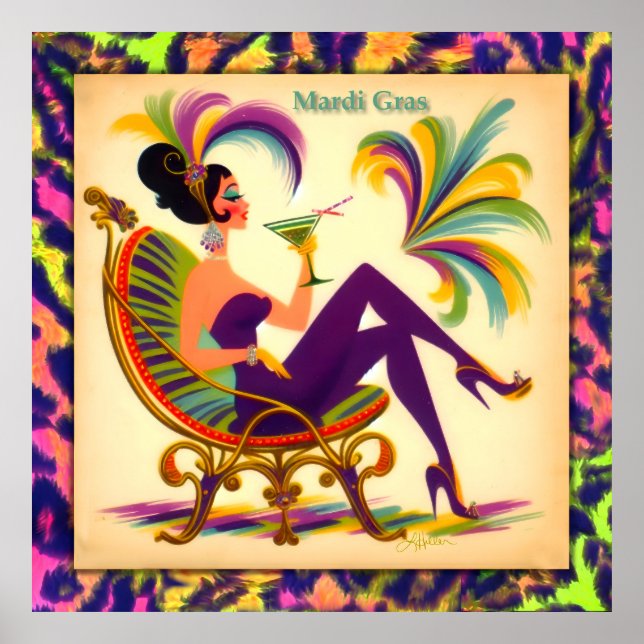Mid Century Retro 60s Mardi Gras Martini Woman Poster (Front)