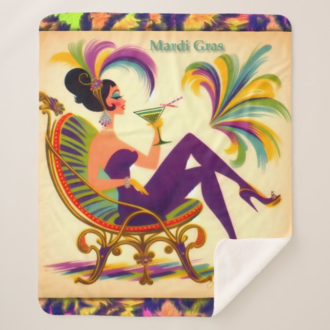 Mid Century Retro 60s Mardi Gras Martini Woman Sherpa Blanket (Front)