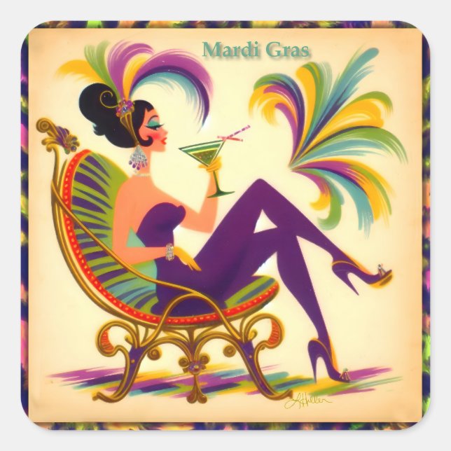 Mid Century Retro 60s Mardi Gras Martini Woman Square Sticker (Front)