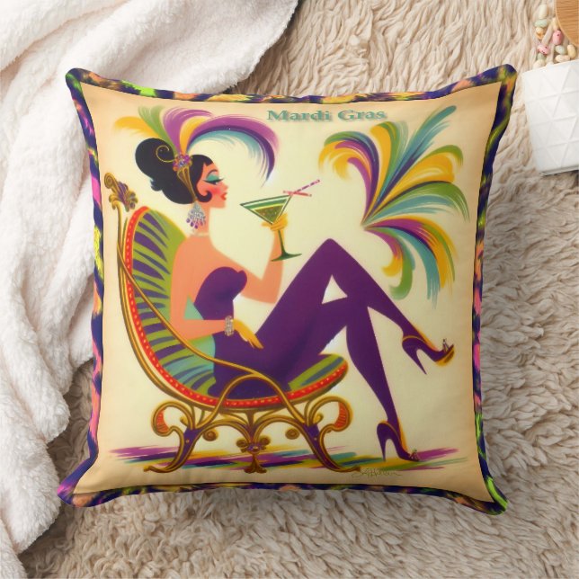 Mid Century Retro 60s Mardi Gras Martini Woman Throw Pillow (Blanket)