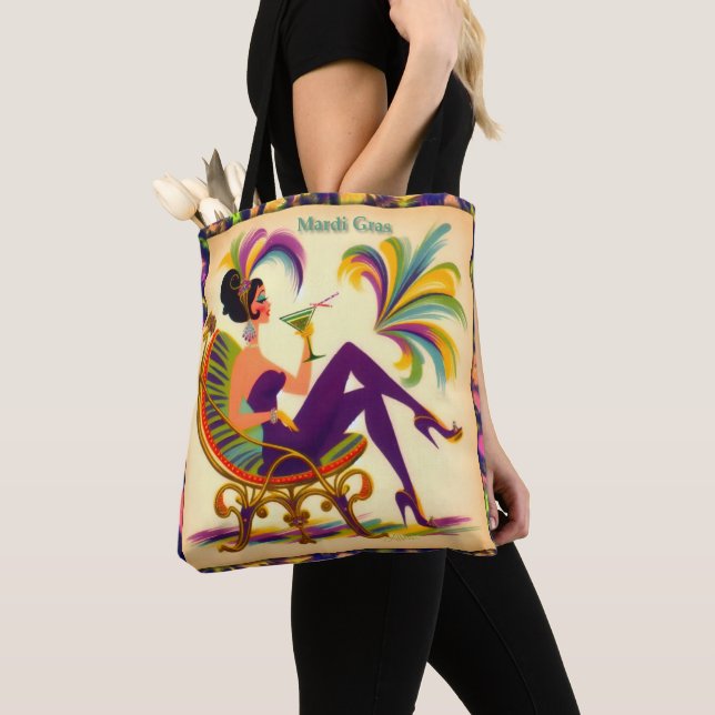 Mid Century Retro 60s Mardi Gras Martini Woman Tote Bag (Close Up)