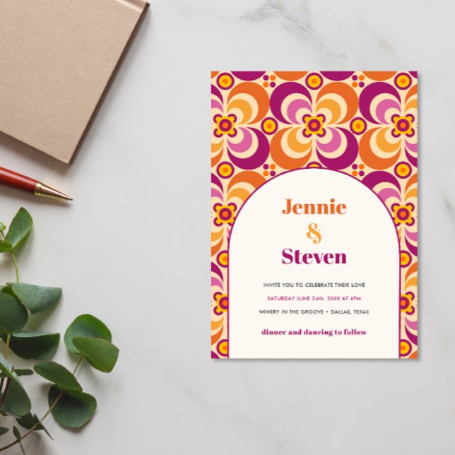 Mid Century Retro Arch Purple Orange wedding Invitation (Creator Uploaded)