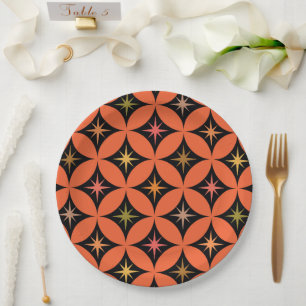 Mid Century Retro Atomic Stars on Orange Circles Paper Plates