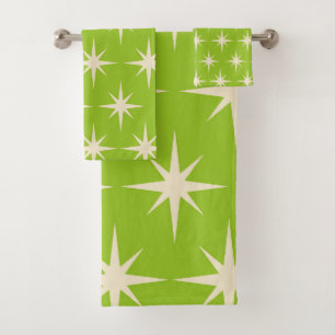 Mid Century Retro Atomic Stars Pattern on green  Bath Towel Set