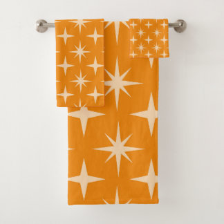 Mid Century Retro Atomic Stars Pattern on Orange   Bath Towel Set