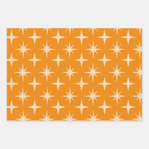Mid Century Retro Atomic Stars Pattern on Orange Wrapping Paper Sheets
