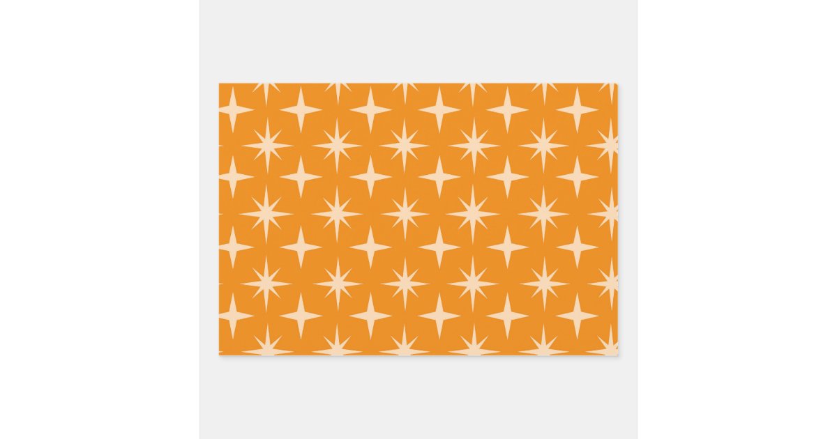 Mid Century Retro Atomic Stars Pattern on Orange Wrapping Paper Sheets ...