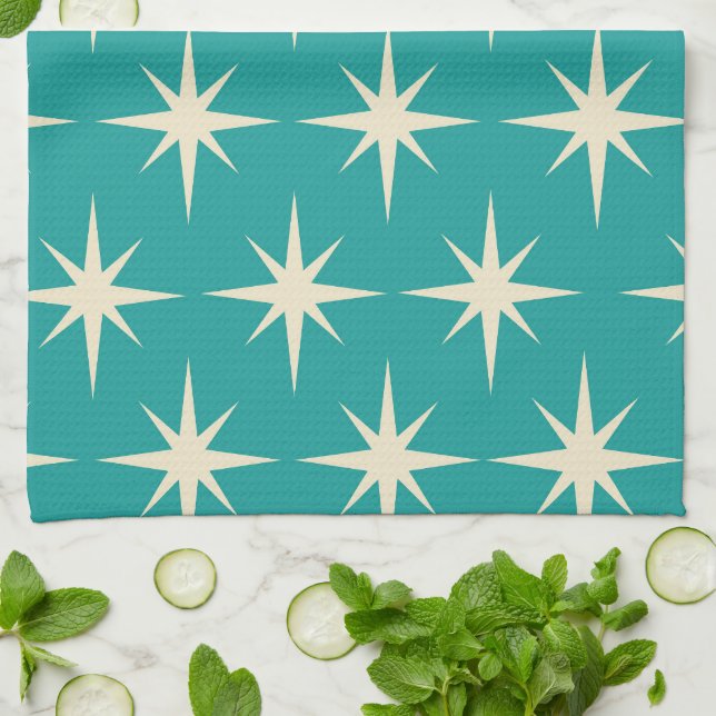 Mid Century Retro Atomic Stars Pattern on Teal  Kitchen Towel (Folded)