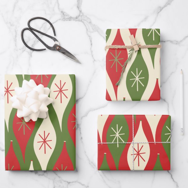Mid-Century Retro Atomic Xmas Ornament Patterns Wrapping Paper Sheets (Front)