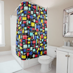 Mid Century Retro Black Turquoise Yellow Red Bold Shower Curtain