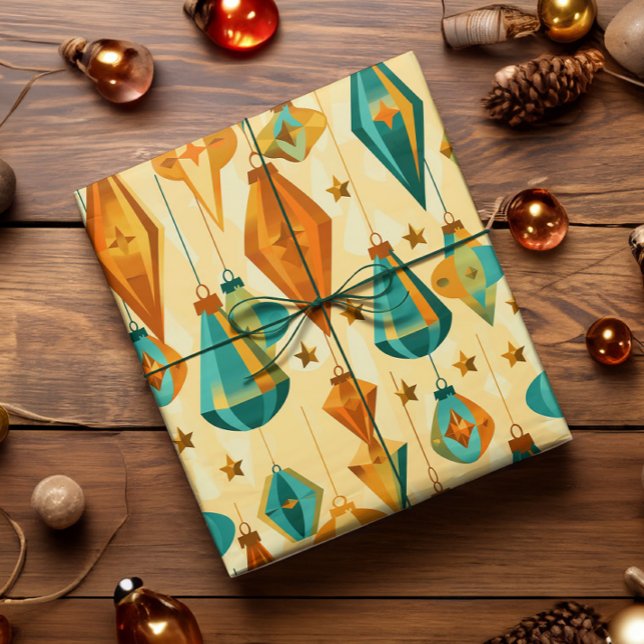 Mid Century Retro Christmas Atomic Star Ornament Wrapping Paper (Midcentury modern glass ornament and atomic star wrapping paper in copper and teal.)