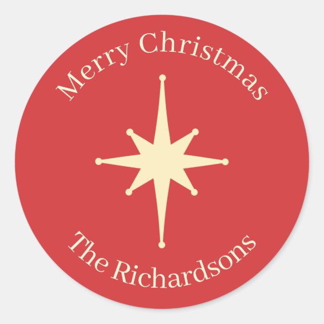 Mid Century Retro Christmas Star Personalized Classic Round Sticker (Front)