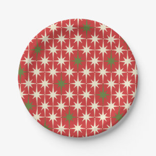 Mid-century Retro Christmas Starbursts Pattern Red Paper Plates