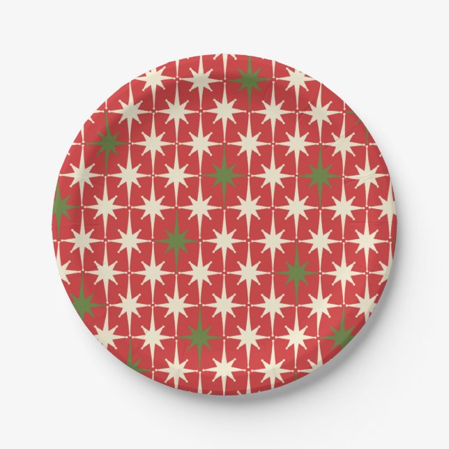 Mid-century Retro Christmas Starbursts Pattern Red Paper Plates (Front)