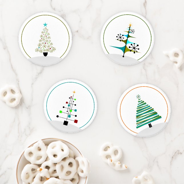 Mid Century Retro Christmas Trees Coaster Set (In Situ)