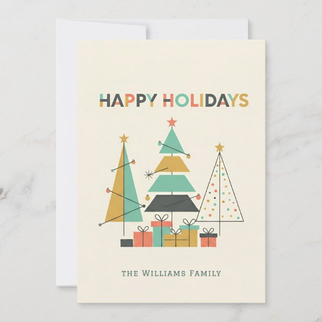 Mid-Century Retro Christmas Trees Holiday Card (Front)