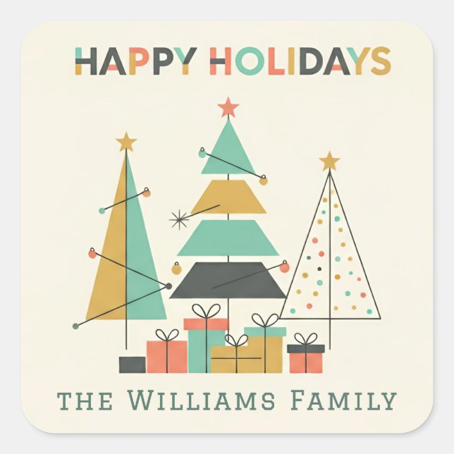Mid-Century Retro Christmas Trees Square Sticker (Front)