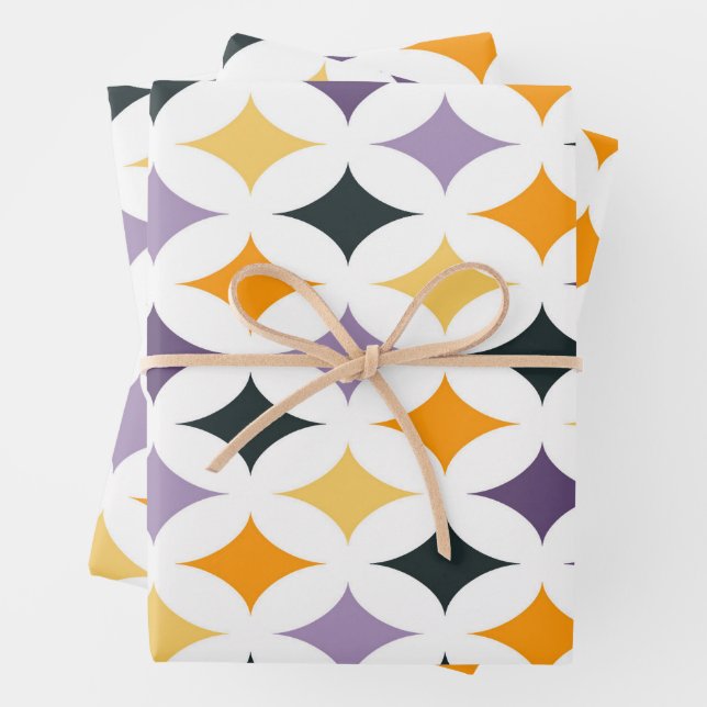 Mid-Century Retro Diamond Lattice Pattern Wrapping Paper Sheets (In situ)