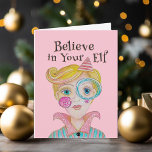 Mid Century Retro Elf Whimsical Christmas Poem Holiday Card<br><div class="desc">This cute Christmas design was created using my hand painted mixed media elf with quirky details and a green background with snowflakes for a unique and whimsical vibe. The soft retro color palette of pinks, greens, and blues is perfect for the modern Holiday season and the funny "Believe in Your...</div>