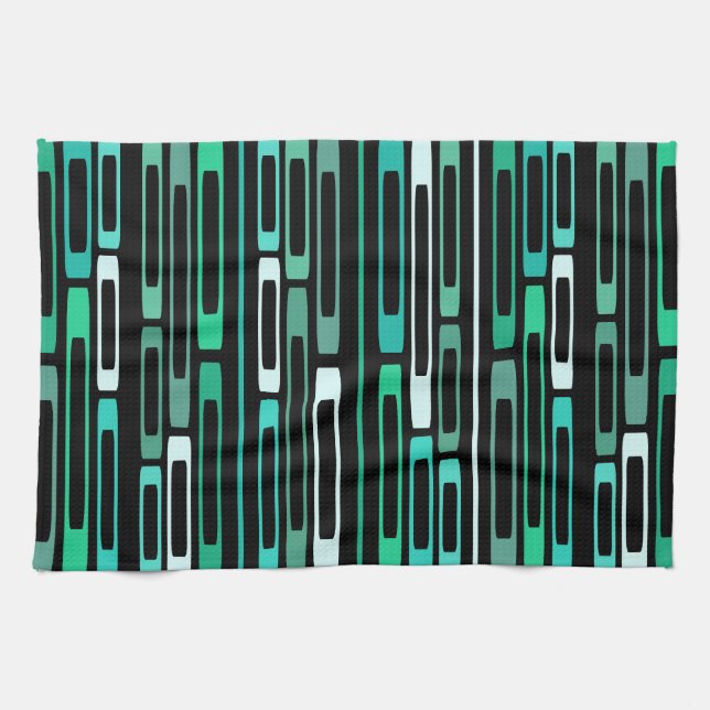 Mid Century Retro Flat Rocks Black Turquoise Kitchen Towel (Horizontal)