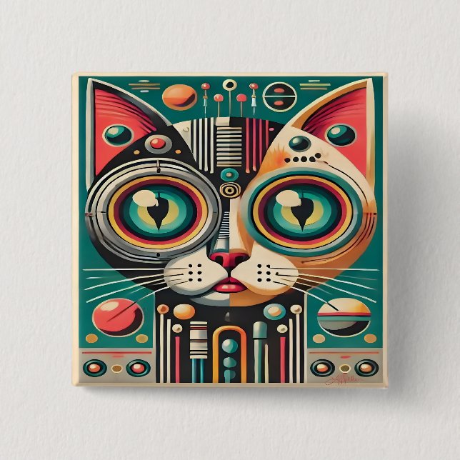Mid Century Retro Futuristic Circuit Cat Button (Front)