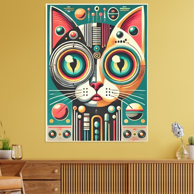 Mid Century Retro Futuristic Circuit Cat Canvas Print (Insitu(LivingRoom))