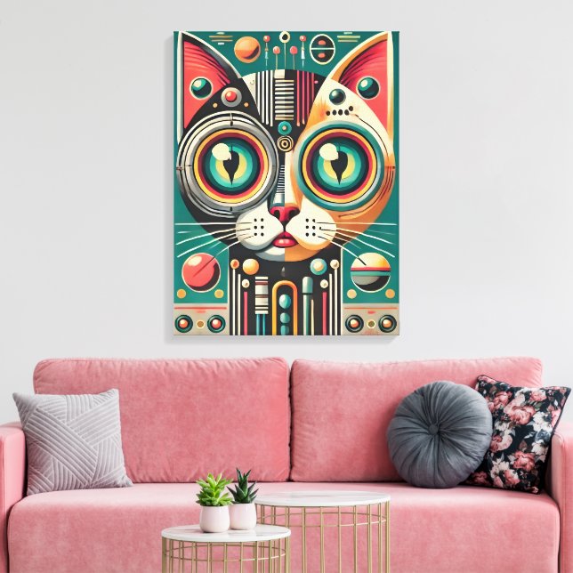 Mid Century Retro Futuristic Circuit Cat Canvas Print (Insitu(LivingRoom))
