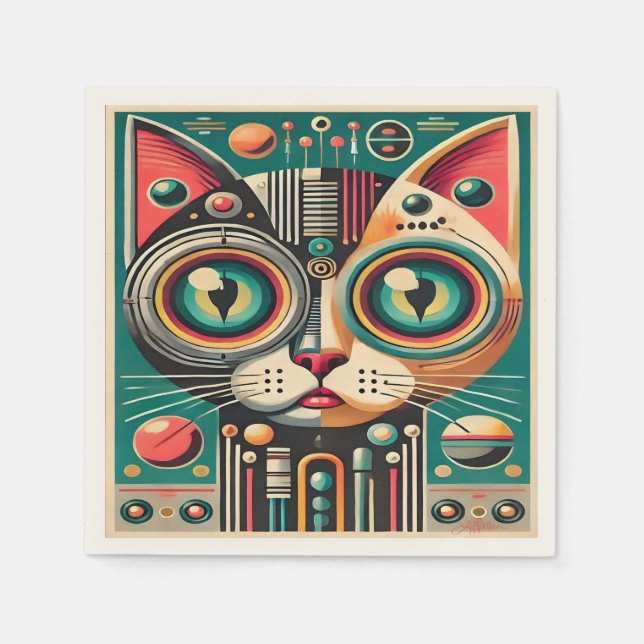 Mid Century Retro Futuristic Circuit Cat Napkins (Front)