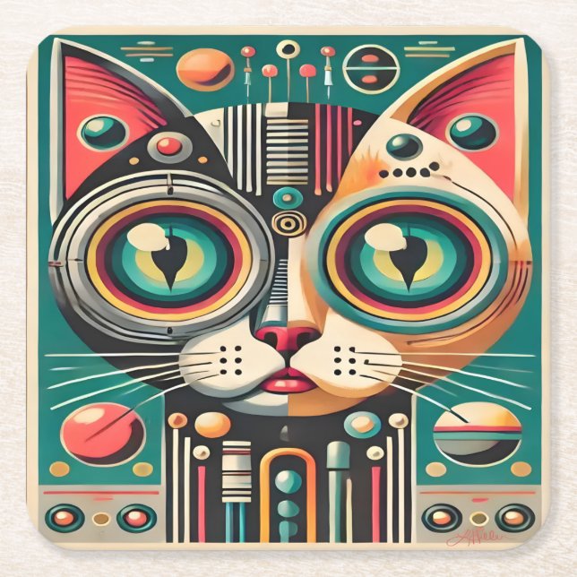Mid Century Retro Futuristic Circuit Cat Square Paper Coaster (Front)