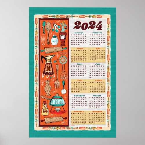 Mid_Century Retro Kitchen Utensils Calendar 2024 Poster