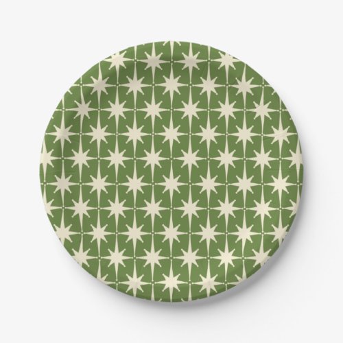 Mid_century Retro Starbursts Green Cream Pattern  Paper Plates