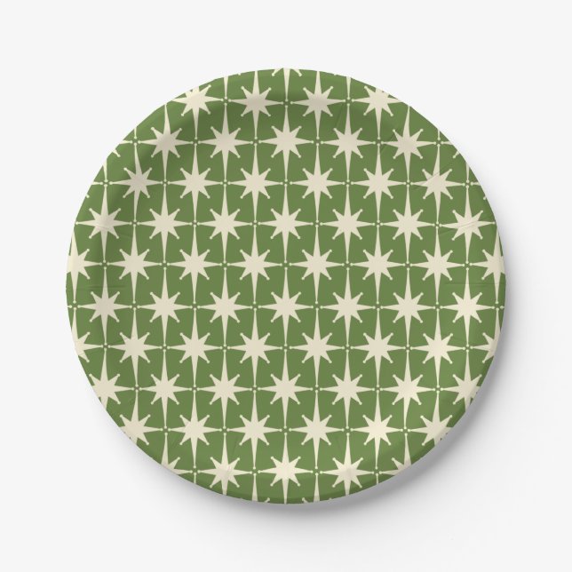 Mid-century Retro Starbursts Green Cream Pattern  Paper Plates (Front)