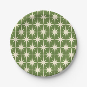 Mid-century Retro Starbursts Green Cream Pattern   Paper Plates