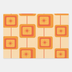 Mid Century Retro Starbursts on Abstract Squares Wrapping Paper Sheets