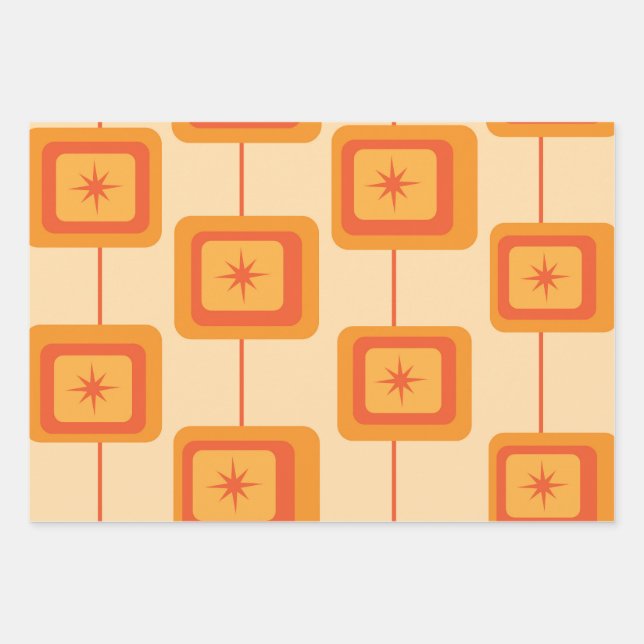 Mid Century Retro Starbursts on Abstract Squares  Wrapping Paper Sheets (Front)