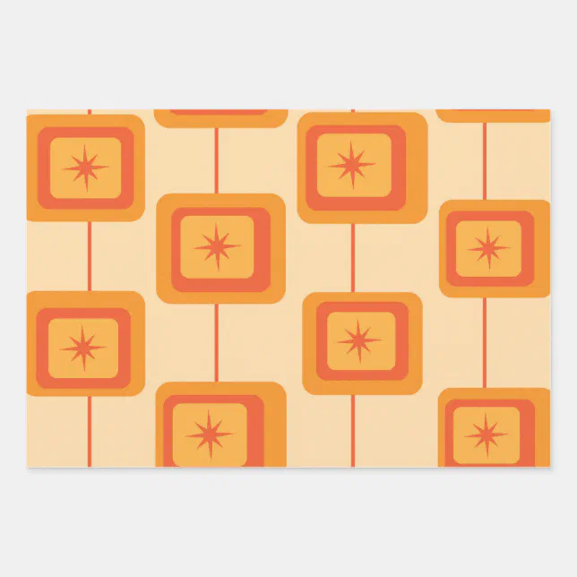 Mid Century Retro Starbursts on Abstract Squares Wrapping Paper Sheets ...