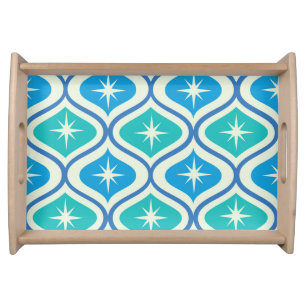 Mid Century Retro Starbursts On Blue Ogee Pattern Serving Tray