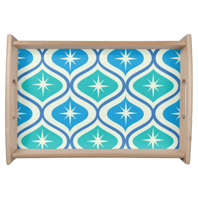Mid Century Retro Starbursts On Blue Ogee Pattern Serving Tray (Front)