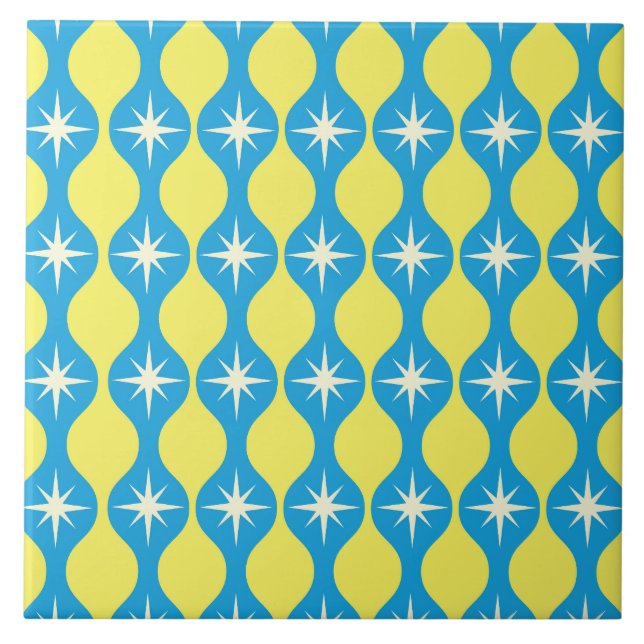 Mid Century Retro Starbursts on Blue Yellow Ogee  Ceramic Tile (Front)