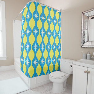 Mid Century Retro Starbursts on Blue Yellow Ogee Shower Curtain