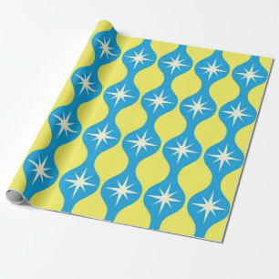 Mid Century Retro Starbursts on Blue Yellow Ogee Wrapping Paper