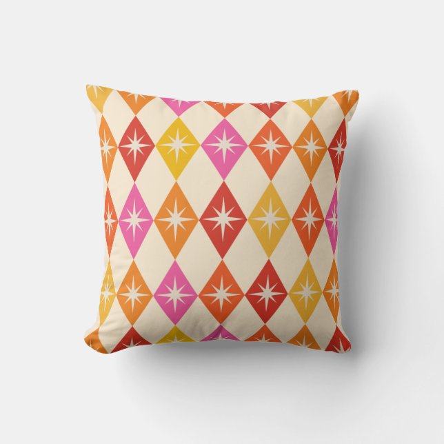Mid Century Retro Starbursts on Colorful Diamonds  Throw Pillow (Front)